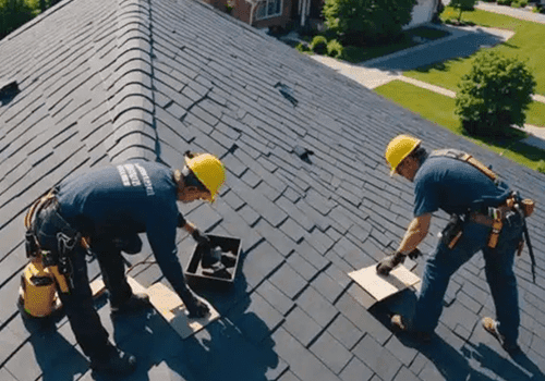 Roofing team installing shingles on a residential property Roofing team installing shingles on a residential property